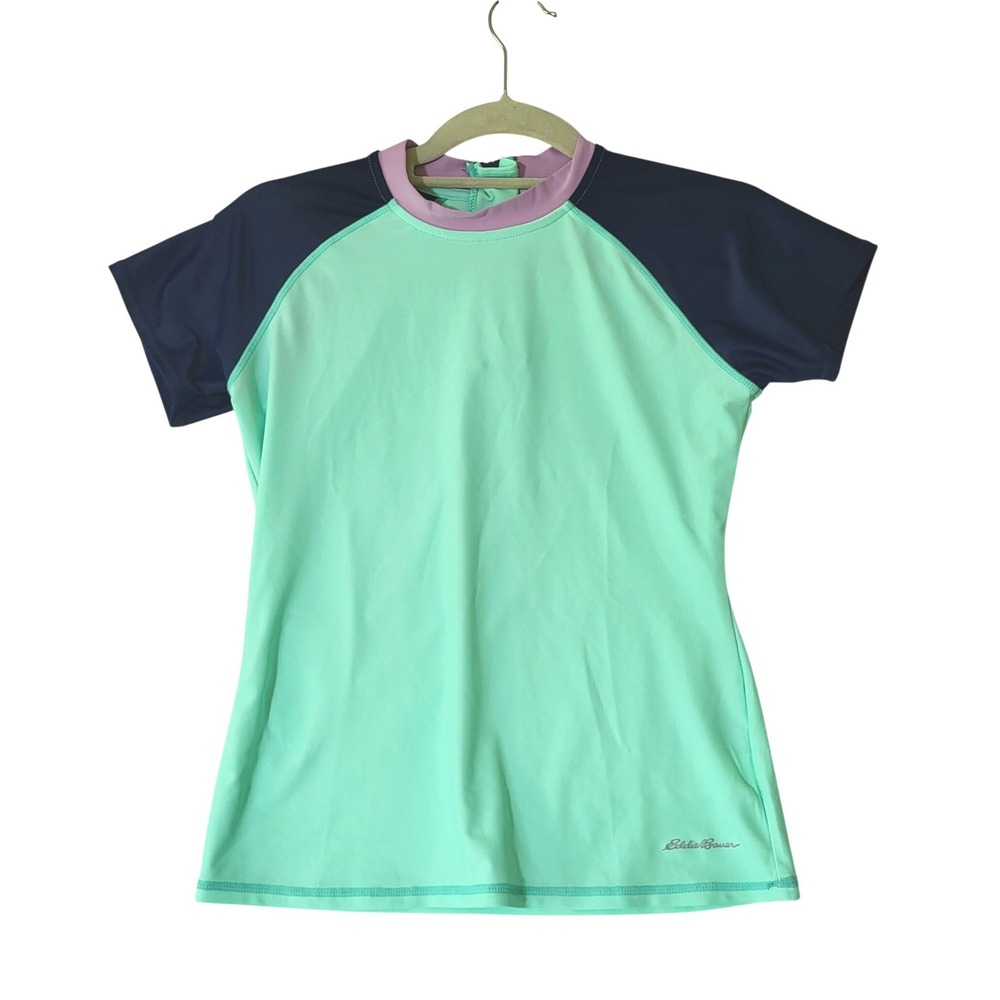 Eddie Bauer Kids Rash Guard Swim Shirt Mint Navy Purple Colorblock Girls L 14/16